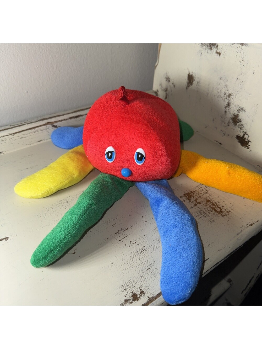 Vintage Eden Octopus Chime Rattle Primary Rainbow Terrycloth Plush Baby Lovey